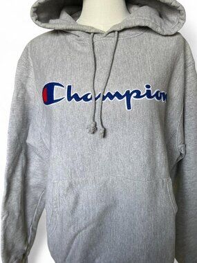 champion grey hoodie with blue logo